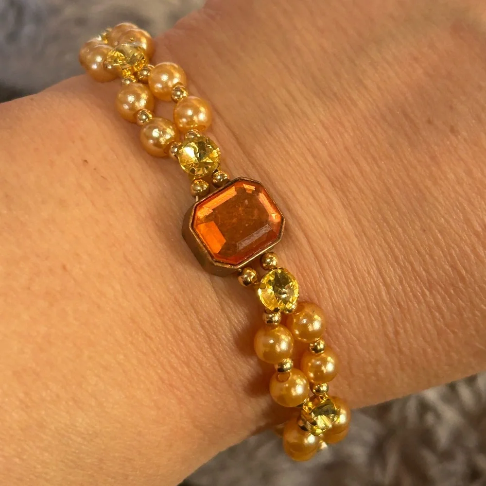 Handcrafted vintage gem citrine dome crystal pearl beaded bracelet